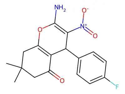 2-amino-4-(4-fluorophenyl)-7,7-dimethyl-3-nitro-6,8-dihydro-4H-chromen-5-one structure