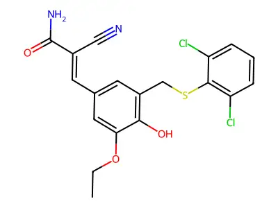 2-Cyano-3-(3-(((2,6-dichlorophenyl)thio)methyl)-5-ethoxy-4-hydroxyphenyl)-2-propenamide structure