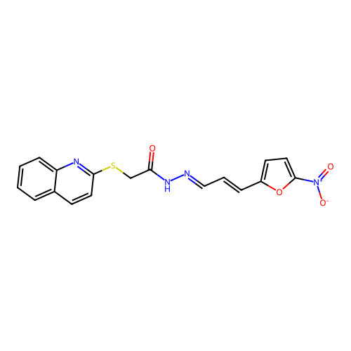 (E)-N'-((E)-3-(5-nitrofuran-2-yl)allylidene)-2-(quinolin-2-ylthio)acetohydrazide structure