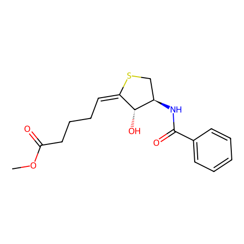 methyl (5E)-5-[(3S,4S)-4-benzamido-3-hydroxythiolan-2-ylidene]pentanoate structure