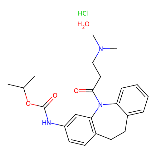 isopropyl (5-(3-(dimethylamino)propanoyl)-10,11-dihydro-5H-dibenzo[b,f]azepin-3-yl)carbamate hydrochloride hydrate structure