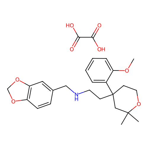 N-(benzo[d][1,3]dioxol-5-ylmethyl)-2-(4-(2-methoxyphenyl)-2,2-dimethyltetrahydro-2H-pyran-4-yl)ethanamine oxalate structure
