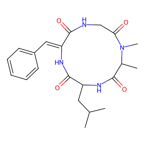 Cyclo(N-methyl-L-alanyl-L-leucyl-(Z)-alpha,beta-didehydrophenylalanylglycyl) structure