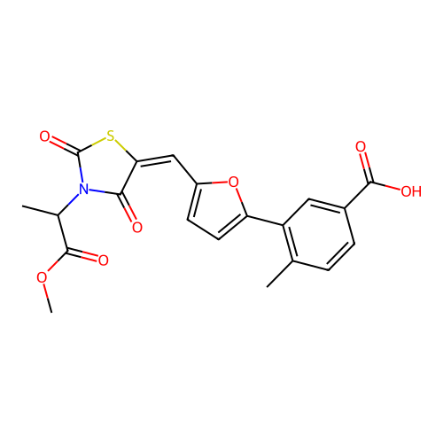 3-(5-{(E)-[3-(1-methoxy-1-oxopropan-2-yl)-2,4-dioxo-1,3-thiazolidin-5-ylidene]methyl}furan-2-yl)-4-methylbenzoic acid structure