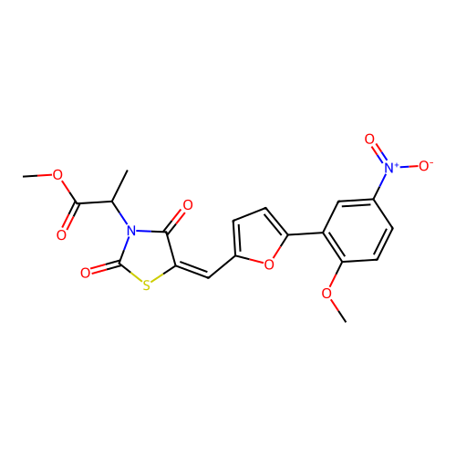 methyl 2-[(5E)-5-{[5-(2-methoxy-5-nitrophenyl)furan-2-yl]methylidene}-2,4-dioxo-1,3-thiazolidin-3-yl]propanoate structure