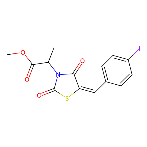 methyl 2-[(5E)-5-(4-iodobenzylidene)-2,4-dioxo-1,3-thiazolidin-3-yl]propanoate structure