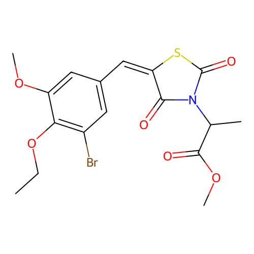 methyl 2-[(5E)-5-(3-bromo-4-ethoxy-5-methoxybenzylidene)-2,4-dioxo-1,3-thiazolidin-3-yl]propanoate structure