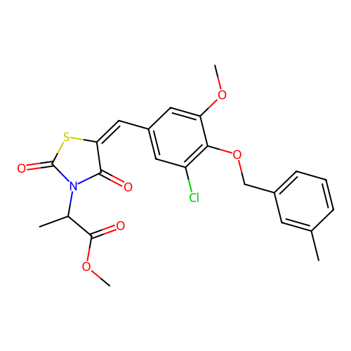 methyl 2-[(5E)-5-{3-chloro-5-methoxy-4-[(3-methylbenzyl)oxy]benzylidene}-2,4-dioxo-1,3-thiazolidin-3-yl]propanoate structure