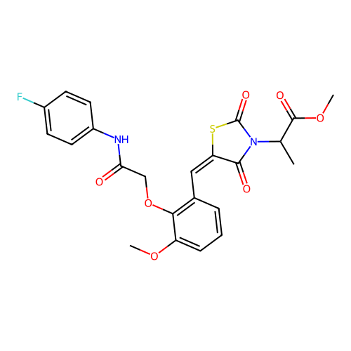 methyl 2-[(5E)-5-(2-{2-[(4-fluorophenyl)amino]-2-oxoethoxy}-3-methoxybenzylidene)-2,4-dioxo-1,3-thiazolidin-3-yl]propanoate structure