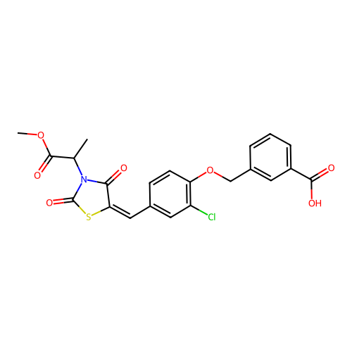 3-[(2-chloro-4-{(E)-[3-(1-methoxy-1-oxopropan-2-yl)-2,4-dioxo-1,3-thiazolidin-5-ylidene]methyl}phenoxy)methyl]benzoic acid structure