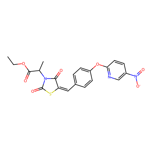 ethyl 2-[(5E)-5-{4-[(5-nitropyridin-2-yl)oxy]benzylidene}-2,4-dioxo-1,3-thiazolidin-3-yl]propanoate structure
