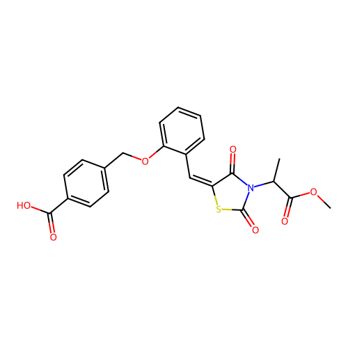 4-[(2-{(E)-[3-(1-methoxy-1-oxopropan-2-yl)-2,4-dioxo-1,3-thiazolidin-5-ylidene]methyl}phenoxy)methyl]benzoic acid structure