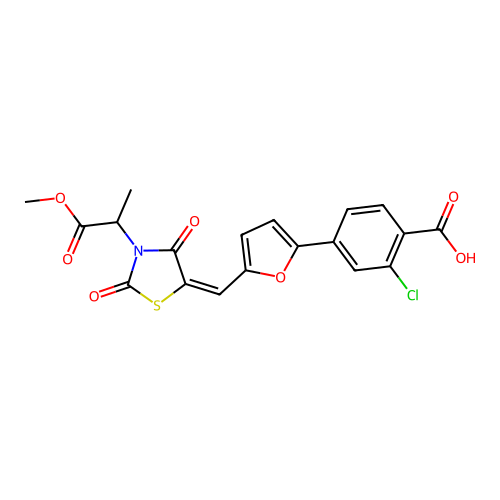 2-chloro-4-[5-[(E)-[3-(1-methoxy-1-oxopropan-2-yl)-2,4-dioxo-1,3-thiazolidin-5-ylidene]methyl]furan-2-yl]benzoic acid structure