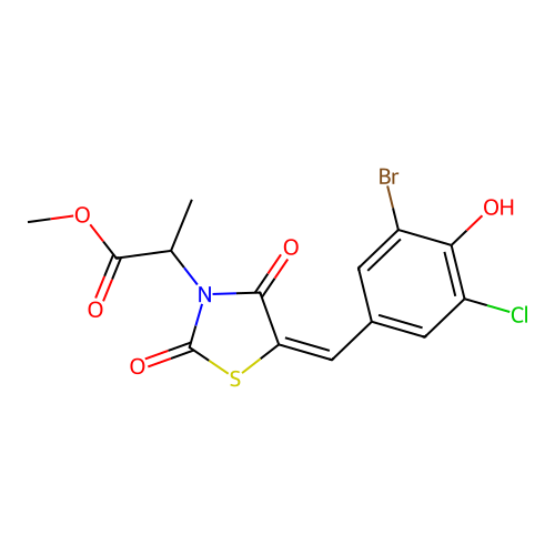 methyl 2-[(5E)-5-(3-bromo-5-chloro-4-hydroxybenzylidene)-2,4-dioxo-1,3-thiazolidin-3-yl]propanoate structure