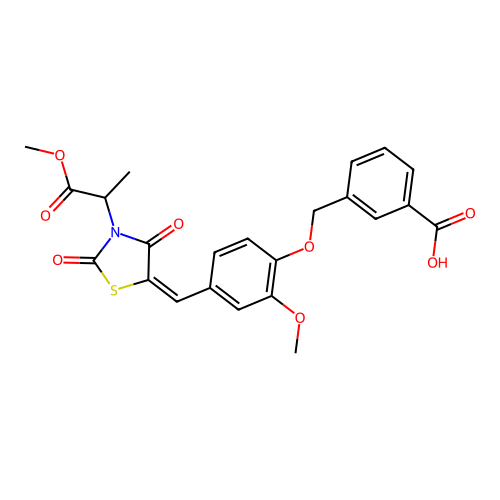 3-[(2-methoxy-4-{(E)-[3-(1-methoxy-1-oxopropan-2-yl)-2,4-dioxo-1,3-thiazolidin-5-ylidene]methyl}phenoxy)methyl]benzoic acid structure