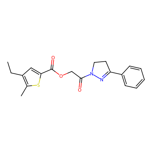 [2-oxo-2-(5-phenyl-3,4-dihydropyrazol-2-yl)ethyl] 4-ethyl-5-methylthiophene-2-carboxylate structure
