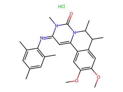 4H-Pyrimido(6,1-a)isoquinolin-4-one, 2,3,6,7-tetrahydro-9,10-dimethoxy-3,6,7-trimethyl-2-((2,4,6-trimethylphenyl)imino)-, monohydrochloride structure