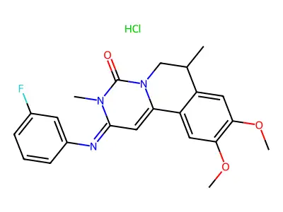 4H-Pyrimido(6,1-a)isoquinolin-4-one, 2,3,6,7-tetrahydro-9,10-dimethoxy-3,7-dimethyl-2-((3-fluorophenyl)imino)-, monohydrochloride, (+-) structure