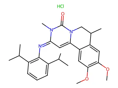 4H-Pyrimido(6,1-a)isoquinolin-4-one, 2,3,6,7-tetrahydro-2-((2,6-bis(1-methylethyl)phenyl)imino)-9,10-dimethoxy-3,7-dimethyl-, monohydrochloride, (+-)- structure