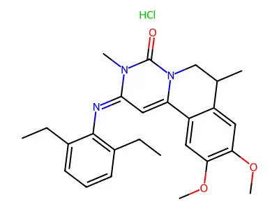 4H-Pyrimido(6,1-a)isoquinolin-4-one, 2,3,6,7-tetrahydro-2-((2,6-diethylphenyl)imino)-9,10-dimethoxy-3,7-dimethyl-, monohydrochloride, (+-)- structure