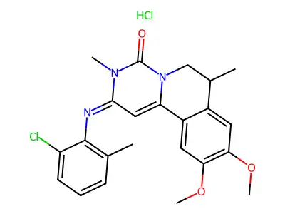 4H-Pyrimido(6,1-a)isoquinolin-4-one, 2,3,6,7-tetrahydro-2-((2-chloro-6-methylphenyl)imino)-9,10-dimethoxy-3,7-dimethyl-, monohydrochloride, (+-)- structure
