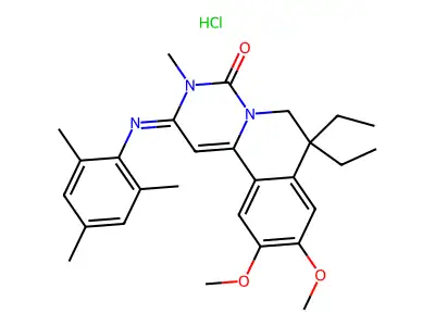 4H-Pyrimido(6,1-a)isoquinolin-4-one, 2,3,6,7-tetrahydro-7,7-diethyl-9,10-dimethoxy-3-methyl-2-((2,4,6-trimethylphenyl)imino)-, monohydrochloride structure