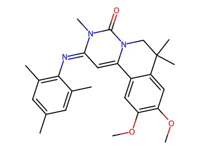 4H-Pyrimido(6,1-a)isoquinolin-4-one, 2,3,6,7-tetrahydro-9,10-dimethoxy-3,7,7-trimethyl-2-((2,4,6-trimethylphenyl)imino)-, monohydrochloride structure
