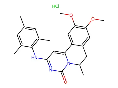 4H-Pyrimido(6,1-a)isoquinolin-4-one, 6,7-dihydro-9,10-dimethoxy-6-methyl-2-((2,4,6-trimethylphenyl)amino)-, monohydrochloride, (+-)- structure