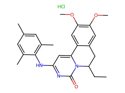 4H-Pyrimido(6,1-a)isoquinolin-4-one, 6,7-dihydro-9,10-dimethoxy-6-ethyl-2-((2,4,6-trimethylphenyl)amino)-, monohydrochloride, (+-)- structure