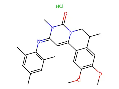 4H-Pyrimido(6,1-a)isoquinolin-4-one, 2,3,6,7-tetrahydro-9,10-dimethoxy-3,7-dimethyl-2-((2,4,6-trimethylphenyl)imino)-, monohydrochloride, (+-)- structure