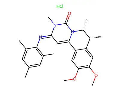 4H-Pyrimido(6,1-a)isoquinolin-4-one, 2,3,6,7-tetrahydro-9,10-dimethoxy-3,6,7-trimethyl-2-((2,4,6-trimethylphenyl)imino)-, monohydrochloride, (6R-cis)- structure