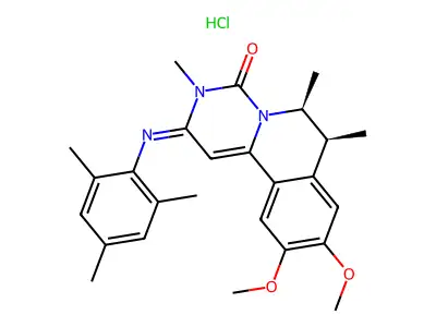 4H-Pyrimido(6,1-a)isoquinolin-4-one, 2,3,6,7-tetrahydro-9,10-dimethoxy-3,6,7-trimethyl-2-((2,4,6-trimethylphenyl)imino)-, monohydrochloride, (6S-cis)- structure