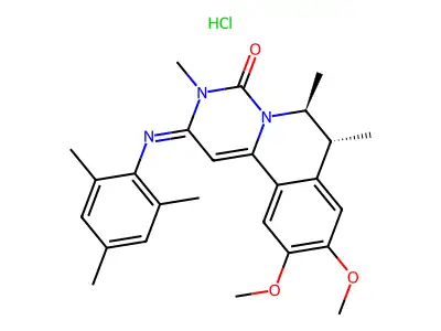 4H-Pyrimido(6,1-a)isoquinolin-4-one, 2,3,6,7-tetrahydro-9,10-dimethoxy-3,6,7-trimethyl-2-((2,4,6-trimethylphenyl)imino)-, monohydrochloride, (6S-trans)- structure