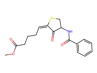methyl 5-[4-(benzoylamino)-3-oxodihydro-2(3H)-thienylidene]pentanoate structure