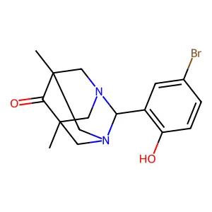 2-(5-bromo-2-hydroxyphenyl)-5,7-dimethyl-1,3-diazatricyclo[3.3.1.1~3,7~]decan-6-one structure