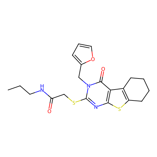 2-[[3-(furan-2-ylmethyl)-4-oxo-5,6,7,8-tetrahydro-[1]benzothiolo[2,3-d]pyrimidin-2-yl]sulfanyl]-N-propylacetamide structure