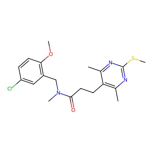 N-[(5-chloro-2-methoxyphenyl)methyl]-3-(4,6-dimethyl-2-methylsulfanylpyrimidin-5-yl)-N-methylpropanamide structure