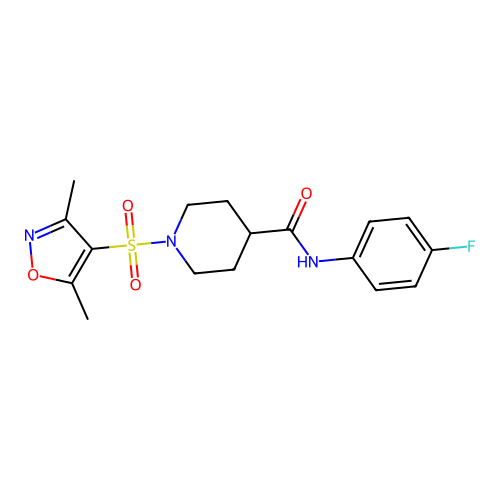 1-[(3,5-dimethyl-1,2-oxazol-4-yl)sulfonyl]-N-(4-fluorophenyl)piperidine-4-carboxamide structure