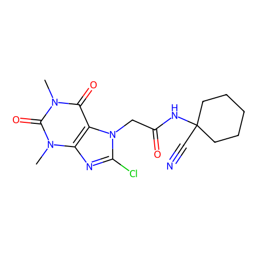 2-(8-chloro-1,3-dimethyl-2,6-dioxopurin-7-yl)-N-(1-cyanocyclohexyl)acetamide structure