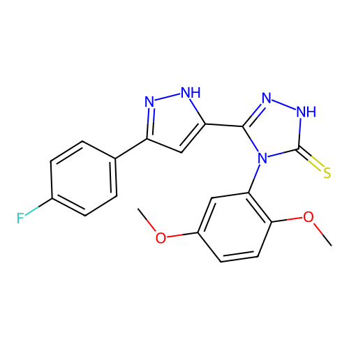 4-(2,5-dimethoxyphenyl)-5-[3-(4-fluorophenyl)-1H-pyrazol-5-yl]-4H-1,2,4-triazole-3-thiol structure