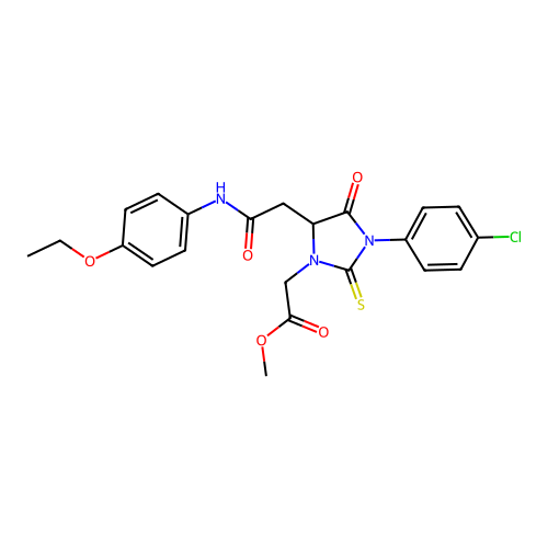 methyl [3-(4-chlorophenyl)-5-{2-[(4-ethoxyphenyl)amino]-2-oxoethyl}-4-oxo-2-thioxoimidazolidin-1-yl]acetate structure