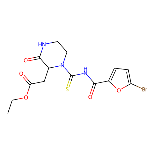 ethyl (1-{[(5-bromo-2-furoyl)amino]carbonothioyl}-3-oxo-2-piperazinyl)acetate structure