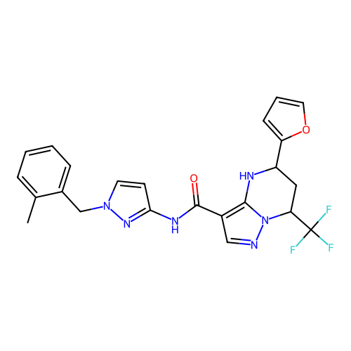 5-(furan-2-yl)-N-[1-(2-methylbenzyl)-1H-pyrazol-3-yl]-7-(trifluoromethyl)-4,5,6,7-tetrahydropyrazolo[1,5-a]pyrimidine-3-carboxamide structure