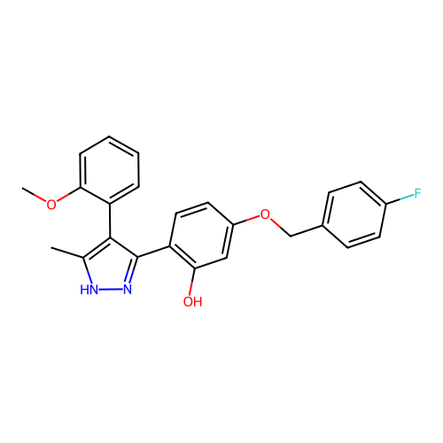 5-((4-fluorobenzyl)oxy)-2-(4-(2-methoxyphenyl)-5-methyl-1H-pyrazol-3-yl)phenol structure