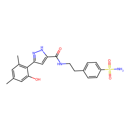 3-(2-hydroxy-4,6-dimethylphenyl)-N-[2-(4-sulfamoylphenyl)ethyl]-1H-pyrazole-5-carboxamide structure