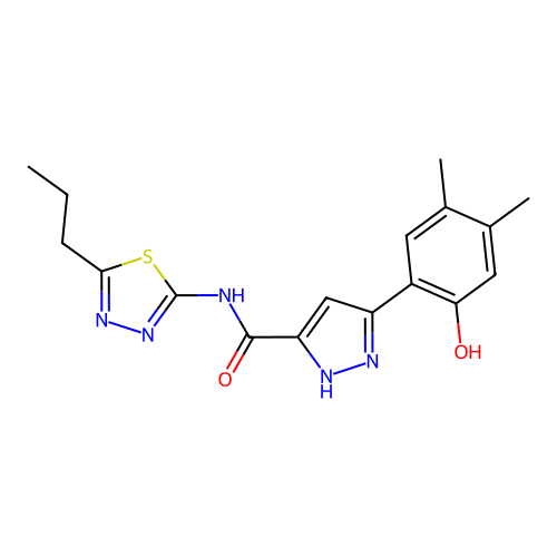 3-(2-hydroxy-4,5-dimethylphenyl)-N-(5-propyl-1,3,4-thiadiazol-2-yl)-1H-pyrazole-5-carboxamide structure