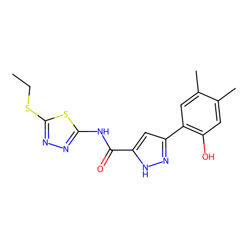 N-[5-(ethylsulfanyl)-1,3,4-thiadiazol-2-yl]-3-(2-hydroxy-4,5-dimethylphenyl)-1H-pyrazole-5-carboxamide structure