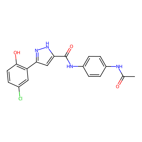 N-[4-(acetylamino)phenyl]-5-(5-chloro-2-hydroxyphenyl)-1H-pyrazole-3-carboxamide structure
