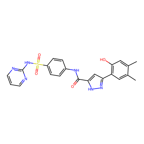 5-(2-hydroxy-4,5-dimethylphenyl)-N-[4-(pyrimidin-2-ylsulfamoyl)phenyl]-1H-pyrazole-3-carboxamide structure