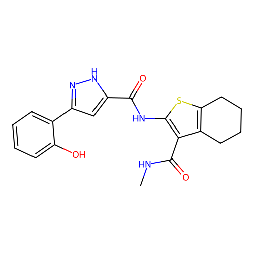 5-(2-hydroxyphenyl)-N-[3-(methylcarbamoyl)-4,5,6,7-tetrahydro-1-benzothiophen-2-yl]-1H-pyrazole-3-carboxamide structure
